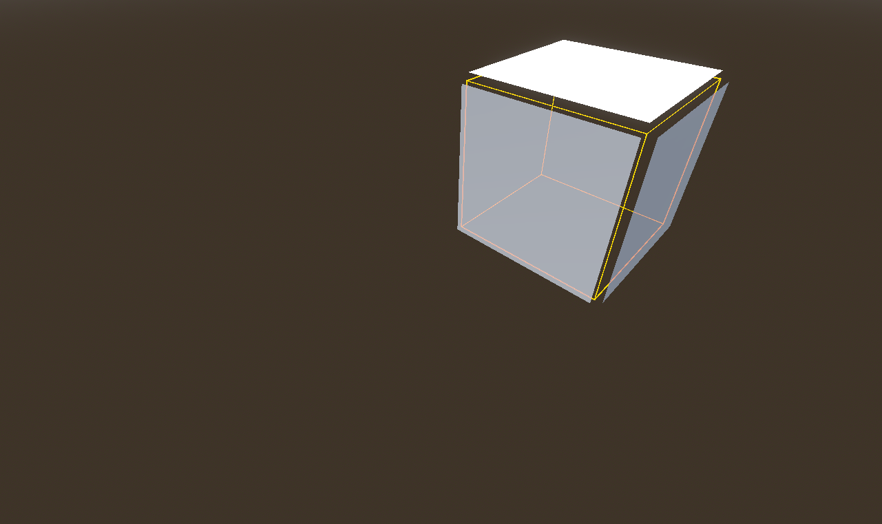 A yellow wireframe cube, on which is overlaid white faces that are slightly offset to the exterior of the cube. Since each face moved in a different direction, there are gaps along the edges of the cube.